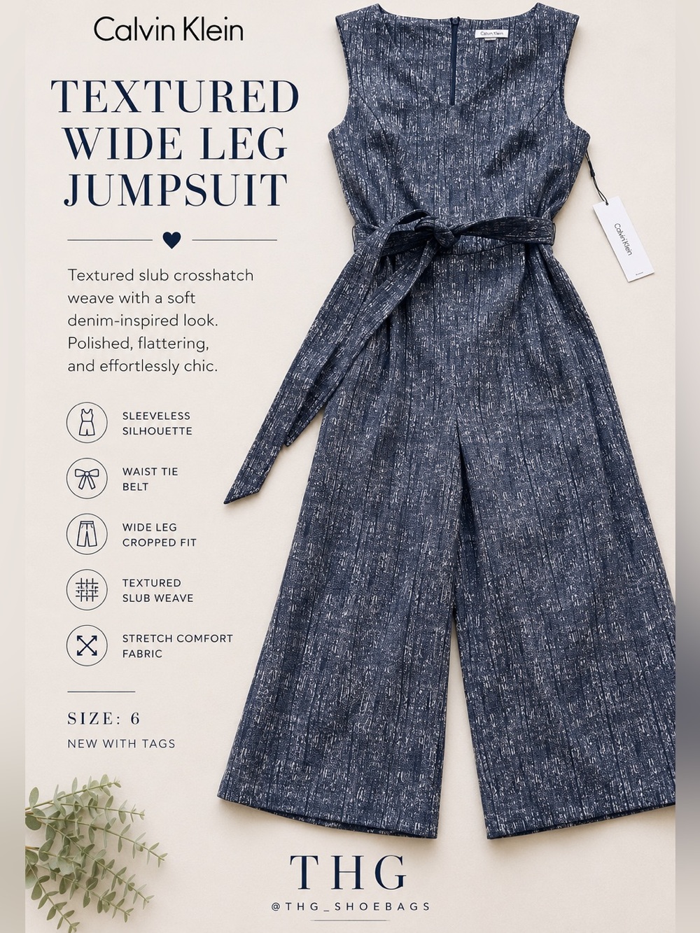 Calvin Klein Textured Wide Leg Jumpsuit Belted Dressy Romper NWT 6